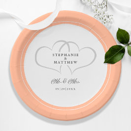 Prato De Papel Casamento Sr. e Sra. Elegante Pêssego Branco
