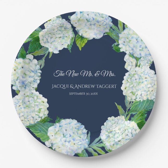 Prato De Papel Casamento Sr. n Sra. Marinho Blue White Hydrangea  (Frente)