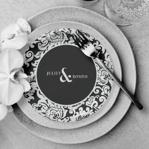 Prato De Papel Casamento tema damasco Floral Elegante Branco e Pr