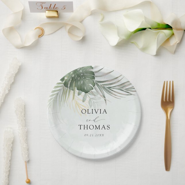 Prato De Papel Casamento Tropical Moderno com Monstera Verde (Casamento)