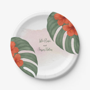 Prato De Papel Casamento Tropical Monstera & Hibiscus