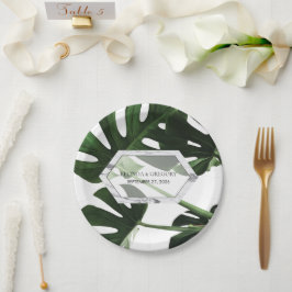 Prato De Papel Casamento Tropical Monstera Marble