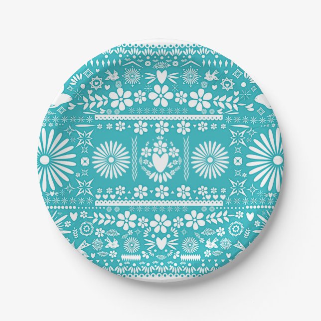 Prato De Papel Casamento Turquesa Teal Corte Picado Mexicano (Frente)