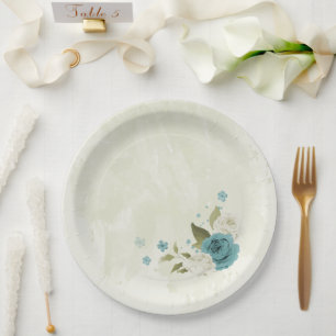 Prato De Papel casamento verde com flores brancas azuis