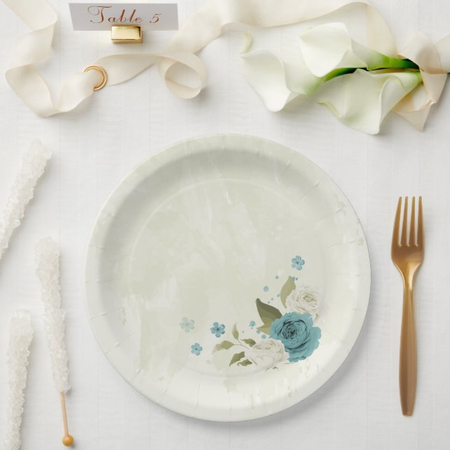 Prato De Papel casamento verde com flores brancas azuis (Casamento)