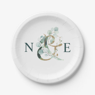 Prato De Papel Casamento Verde Dourado com Ampersand Monograma
