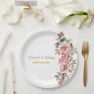 Prato De Papel Casamento Verde MARY Watercolor Rosa Emerald