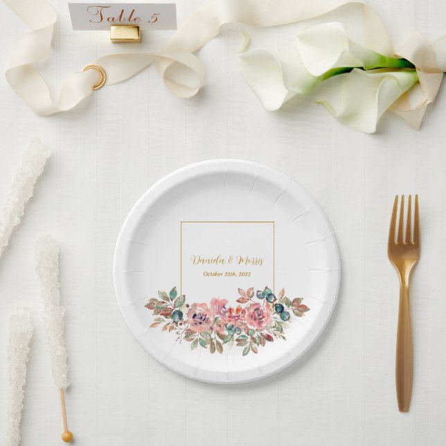 Prato De Papel Casamento Verde MARY Watercolor Rosa Emerald (Casamento)