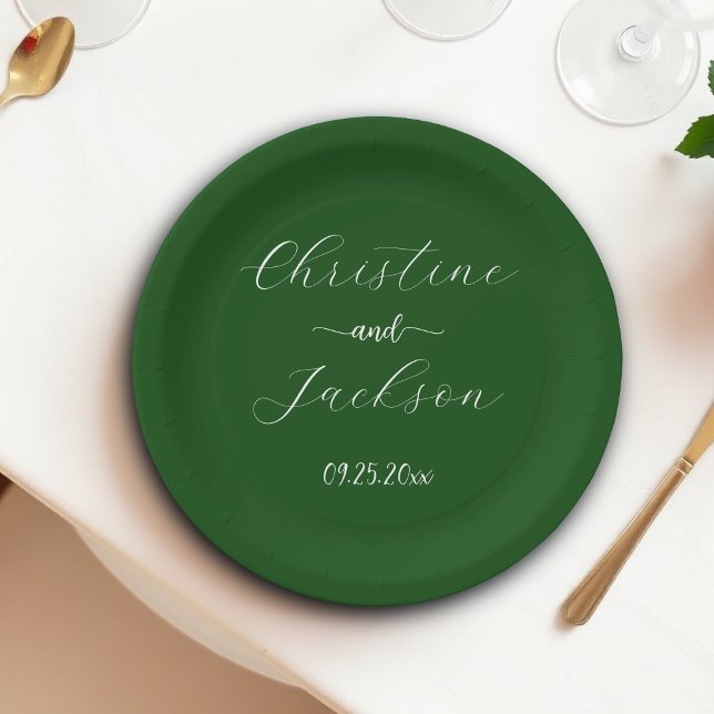 Prato De Papel Casamento Verde Musgo com Letra Elegante (Criador carregado)