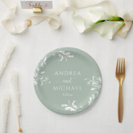 Prato De Papel Casamento Verde Sage Leve Luxo Elegante Floresce