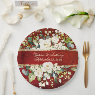 Prato De Papel Casamento Vermelho Dourado Botânico Floral Russo