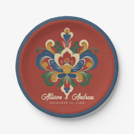 Prato De Papel Casamento Vermelho Rosemaling Norueguês
