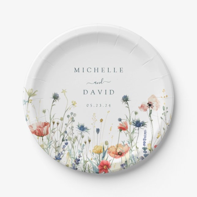 Prato De Papel Casamento Vibrante de Flores Selvagens (Frente)