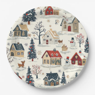 Prato De Papel Casas de Campo Nevadas Vintage Natal Vermelho Azul