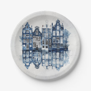Prato De Papel Casas tradicionais do estilo Delft azul e branco
