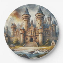 Prato De Papel Castelo Medieval no Sunset com Céu Atmosférico