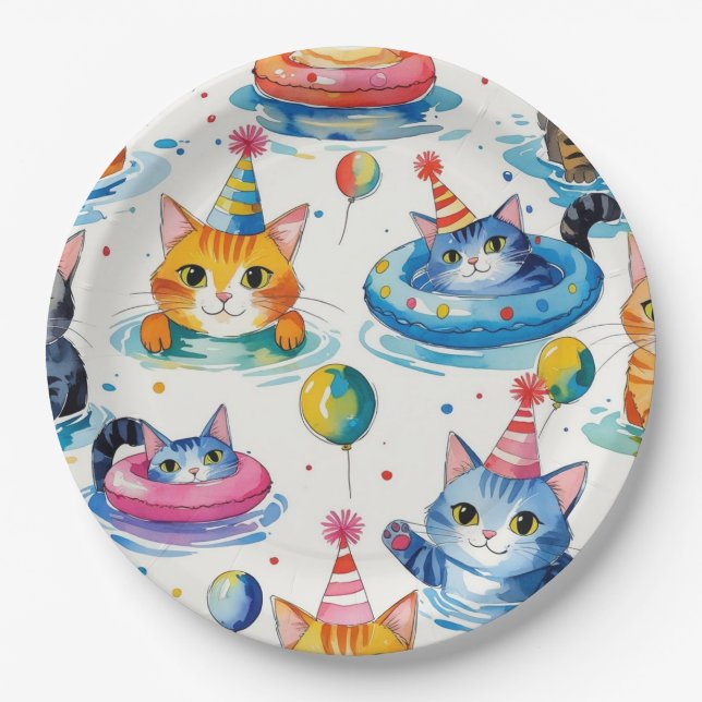 Prato De Papel Cat Birthday Pool Party for  Cat Lovers  (Frente)