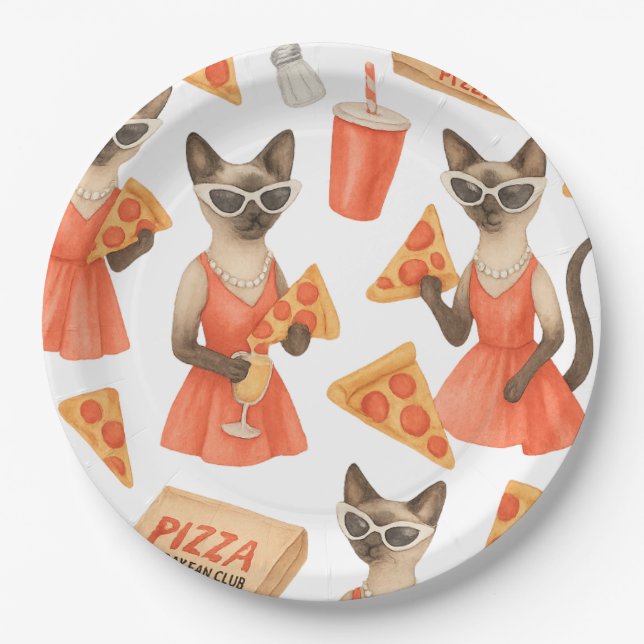 Prato De Papel Cat with pizza for Siamese Cat Lovers (Frente)