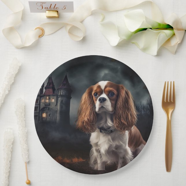 Prato De Papel Cavalier King Charles Spaniel Halloween Assustador (Casamento)