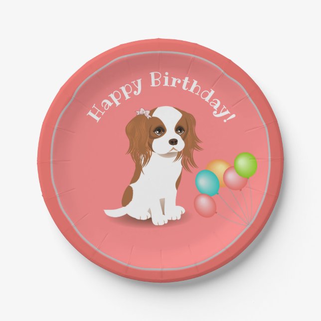 Prato De Papel Cavalier King Charles Spaniel Pink Feliz Aniversár (Frente)