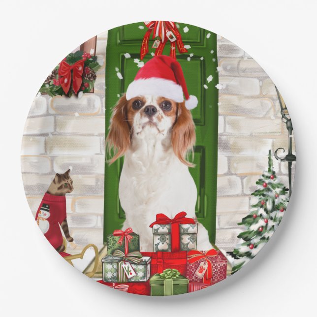 Prato De Papel Cavalier King Dog Christmas (Frente)
