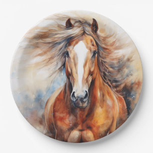 Prato De Papel Cavalo Aquarela Marrom e branco