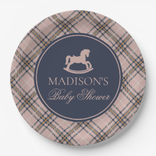 Prato De Papel Cavalo de Balanço Xadrez Tartan Rosa Chás de Bebê