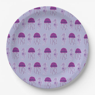Prato De Papel Cavalo-Marinho e Água-Viva Padrão Roxo