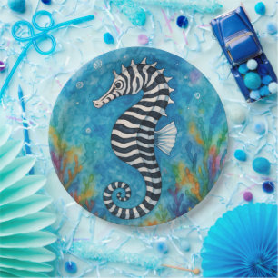 Prato De Papel Cavalo-marinho Zebra em Aquarela