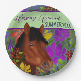 Prato De Papel Cavalo Marrom Do Lover Da Flor Em Torno Do Cavalo
