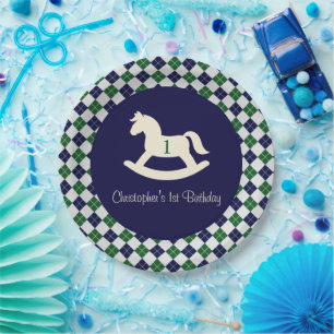 Prato De Papel Cavalo Mecânico Preppy Argyle 1º Aniversário
