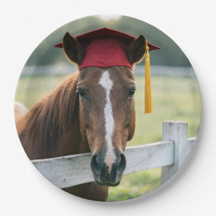 Prato De Papel Cavalo Usando um Gorro de Graduação Vermelho