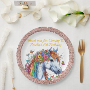 Prato De Papel Cavalo Whimsso Rainbow Floral Equestre Aniversário