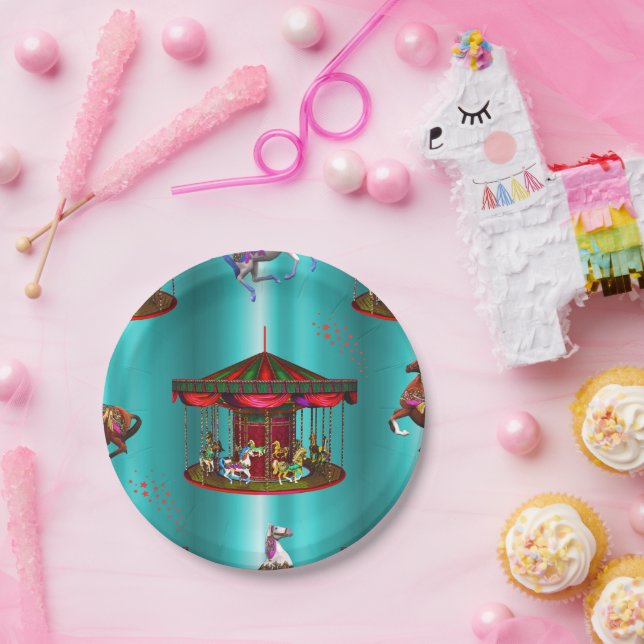 Prato De Papel Cavalos carrossel de azul (Festa)