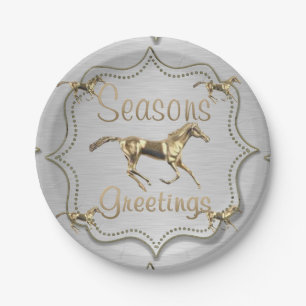 Prato De Papel Cavalos Dourados Em Saudações De Silver Seasons
