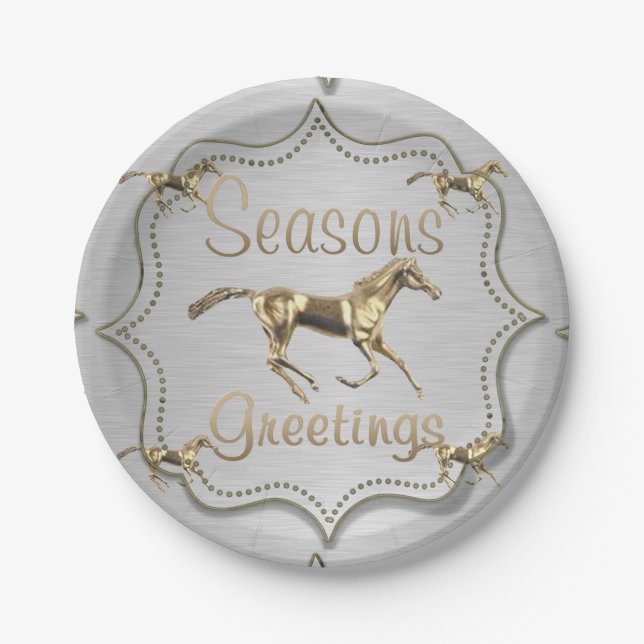 Prato De Papel Cavalos Dourados Em Saudações De Silver Seasons (Frente)