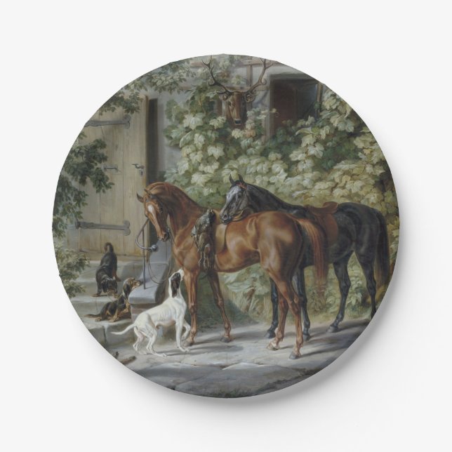 Prato De Papel Cavalos no Porch (por Albrecht Adam) (Frente)