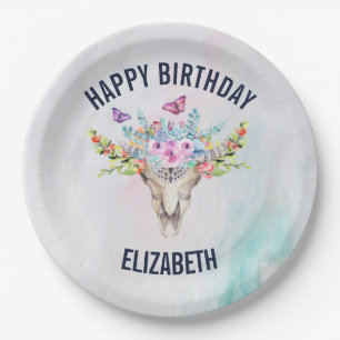 Prato De Papel Caveira Animal Boho com Borboletas e Flores