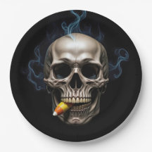 Caveira Fumante de Halloween Mordendo Milho Doce