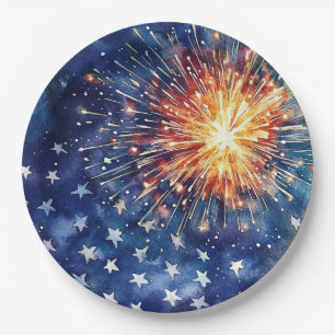 Prato De Papel Celebração da América. Estrelas e fogos de artifíc