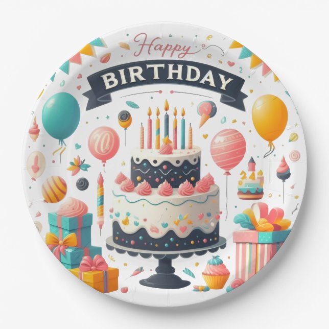 Prato De Papel Celebração de aniversário alegre Bolo e Balões (Frente)