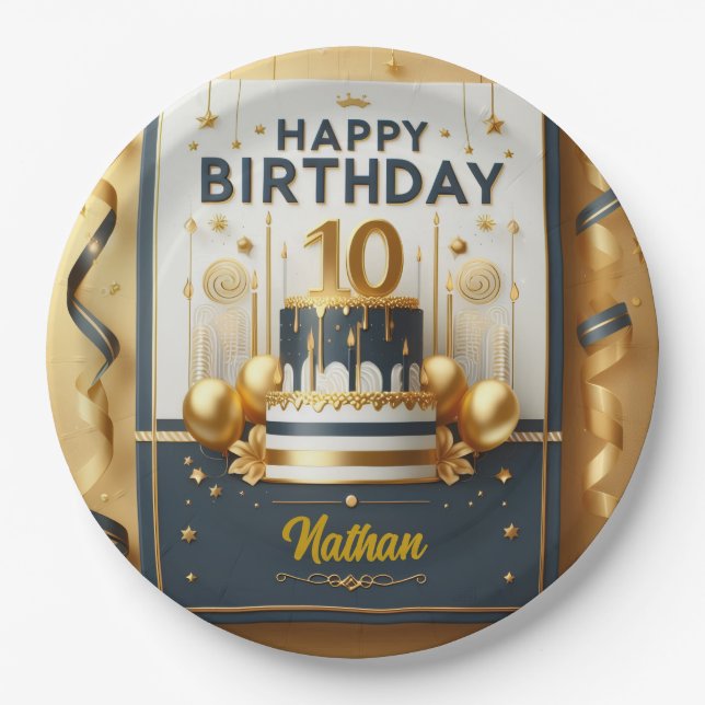 Prato De Papel Celebração de aniversário do Elegant Marinho Azul  (Frente)