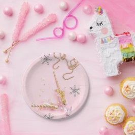 Prato De Papel Celebração de Champanhe Rosa e Dourado Elegante