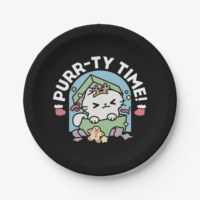 Prato De Papel Celebração de Natal com Gato de Tempo Puro (Frente)