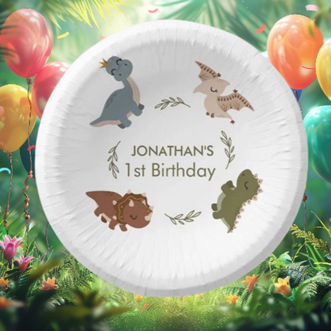 Prato De Papel Celebração do Primeiro Aniversário do Roaring (Transform your party with our stunning boho dinosaur theme paper plates! )