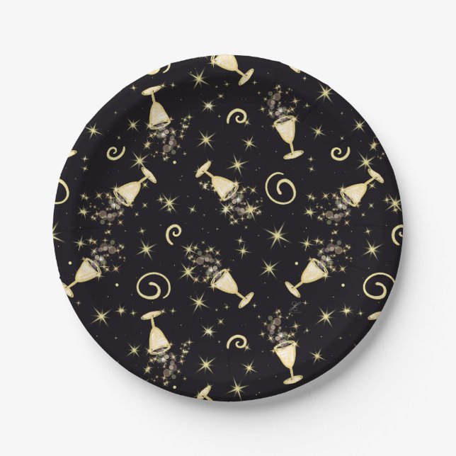 Prato De Papel Celebração Espumante Dourada e Preta Cocktails e E (Frente)