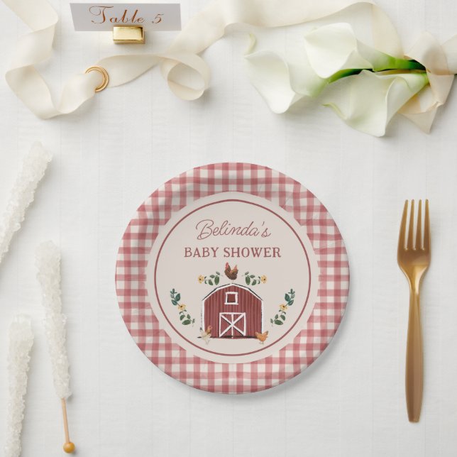 Prato De Papel Celeiro de Galinhas Charmoso Gingham de Banho na F (Casamento)