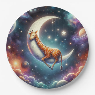 Prato De Papel Celestial Baby Giraffe Dormindo em Lua e Estrelas