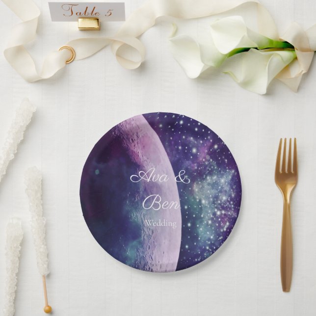 Prato De Papel Celestial Purple Galaxy Moon Wedding  (Casamento)