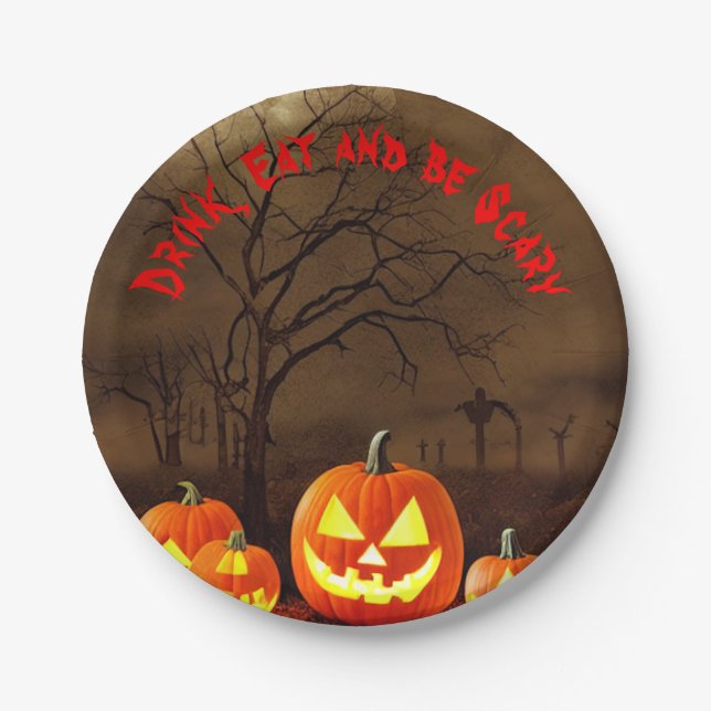 Prato De Papel Cemitério de Halloween Beba e seja assustador (Frente)